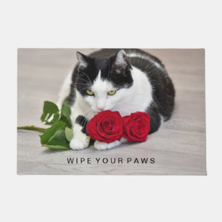 Cute cat with the red rose doormat
