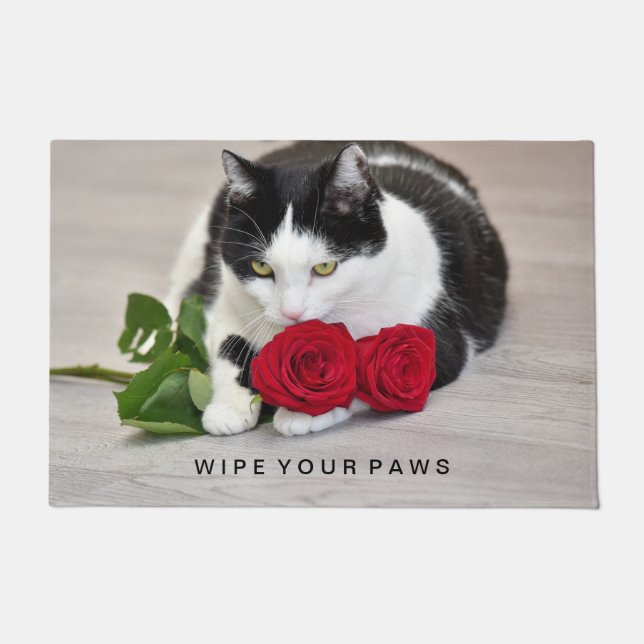 Cute cat with the red rose doormat (Front)