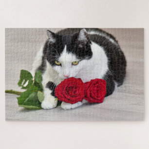 Cute cat with the red rose jigsaw puzzle