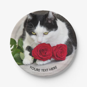 Cute cat with the red rose paper plate