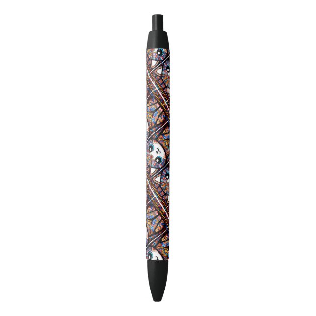 Cute Cat with Traditional Pattern Charm Black Ink Pen (Front Vertical)