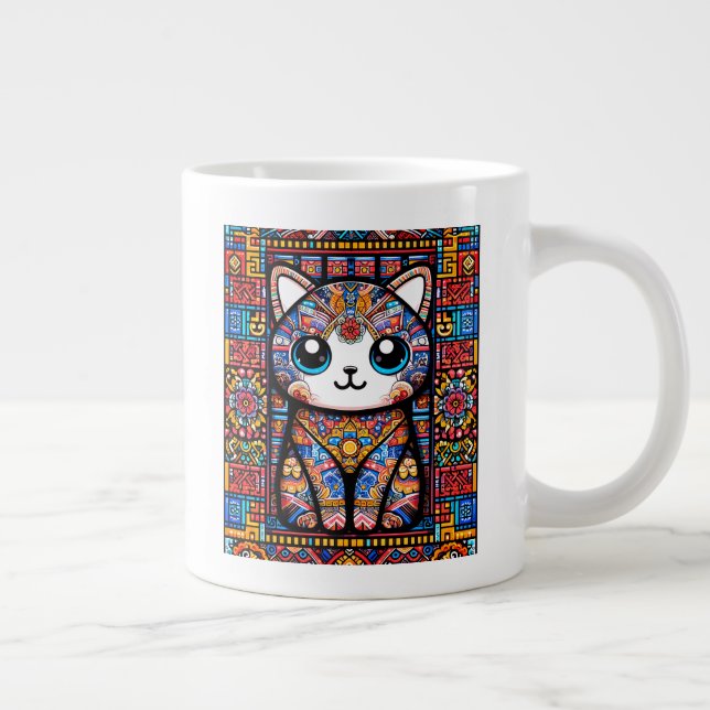 Cute Cat with Traditional Pattern Charm Large Coffee Mug (Right)