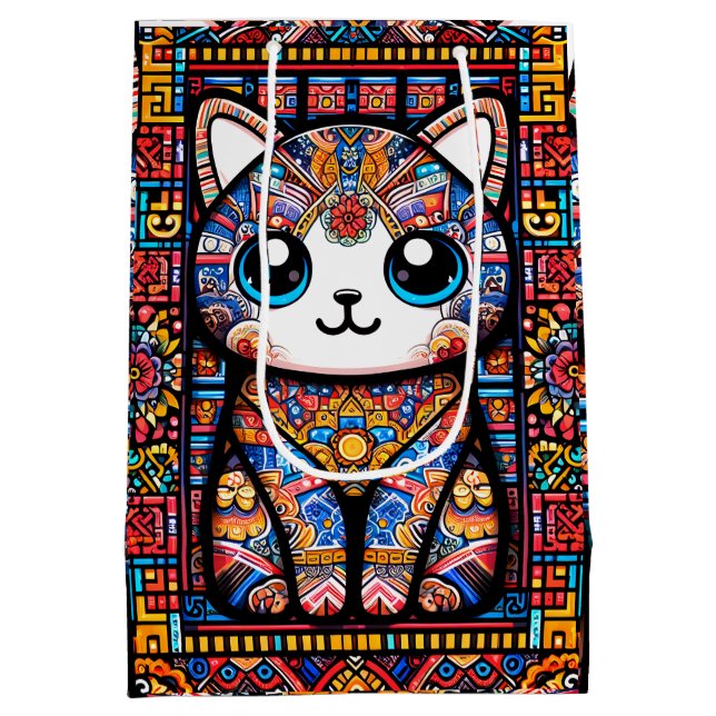 Cute Cat with Traditional Pattern Charm Medium Gift Bag (Back)