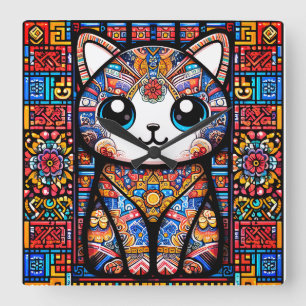 Cute Cat with Traditional Pattern Charm Square Wall Clock