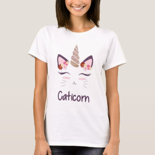 Cute Cat With Unicorn Horn And Flowers T-shirt