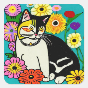 Cute Cat with Yellow Flowers Folk Art Square Sticker