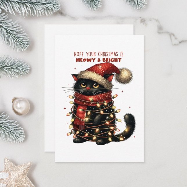 Cute cat wrapped with Christmas lights. Card (Creator Uploaded)