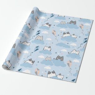 Cute Cat Wrapping Paper - Cats with Kites on Blue