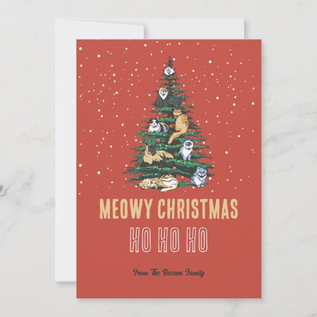 Cute Cat Xmas Tree Snow Winter Meowy Christmas Holiday Card (Front)