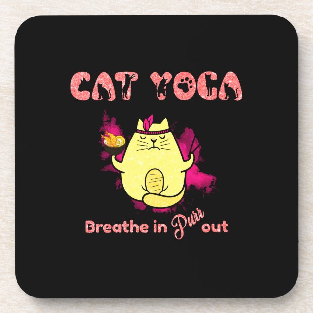 Cute Cat Yoga – "Breathe In, Purr Out" Coaster (Front)