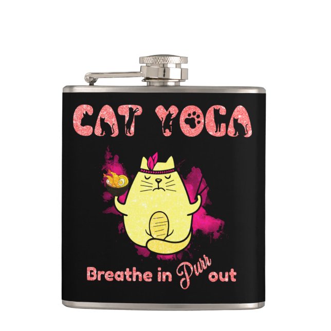 Cute Cat Yoga – "Breathe In, Purr Out" Hip Flask (Front)