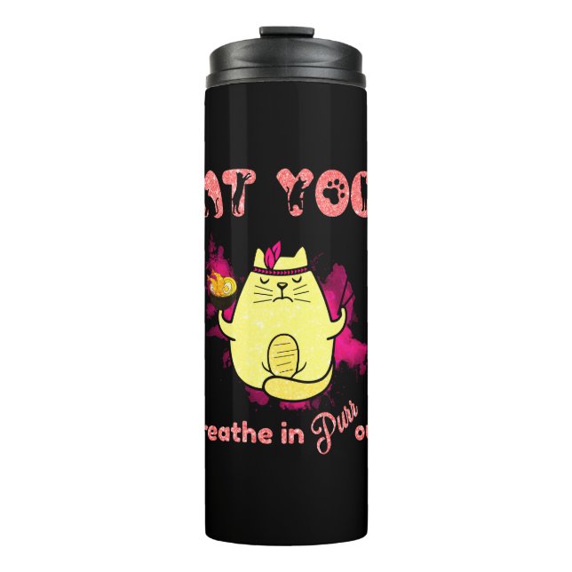 Cute Cat Yoga – "Breathe In, Purr Out" Thermal Tumbler (Front)