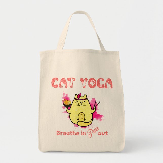 Cute Cat Yoga – "Breathe In, Purr Out" Tote Bag (Front)