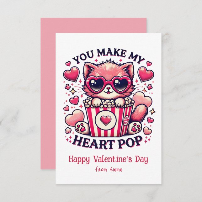 Cute Cat You Make My Heart Pop Classroom Card (Front/Back)