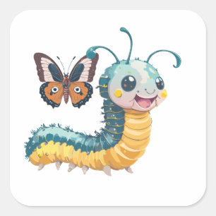 Cute Caterpiller With Happy Face And Butterfly Square Sticker