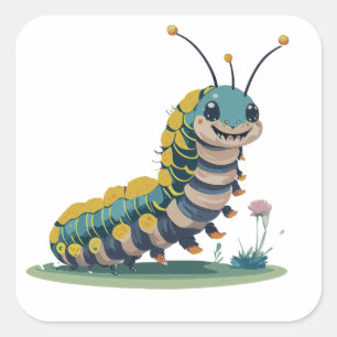 Cute Caterpiller With Happy Face And Foliage Square Sticker