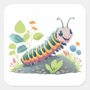 Cute Caterpiller With Happy Face And Foliage Square Sticker
