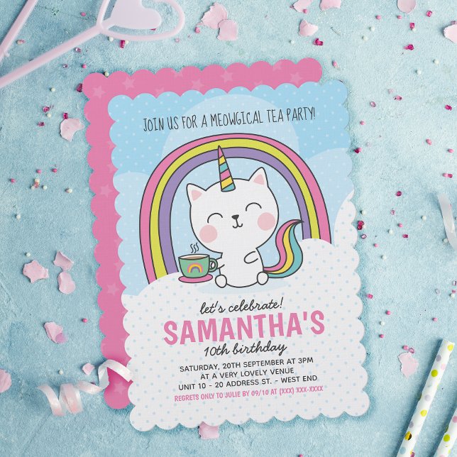 Cute Caticorn Cat Unicorn Tea Party Invitation (Creator Uploaded)