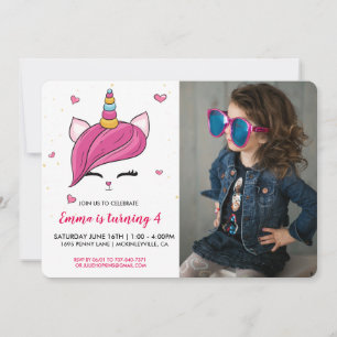 Cute Caticorn Face   Photo Birthday Invitation