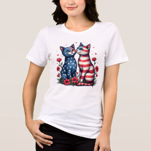 Cute Cats American Flag and Flowers Patriotic  Tri-Blend Shirt