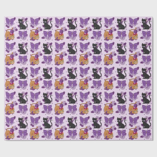 Cute Cats and Bows Pattern Wrapping Paper (Flat)
