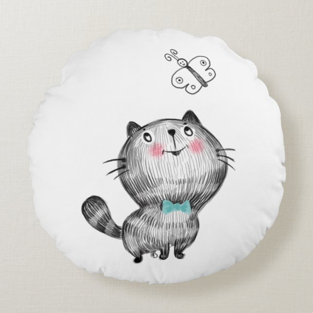 Cute Cats and Butterflies Round Cushion (Front)