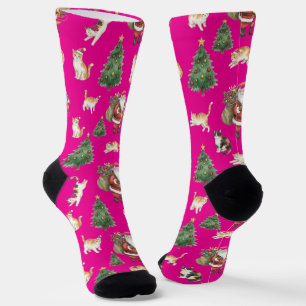 Cute Cats and Christmas Trees Pattern Socks