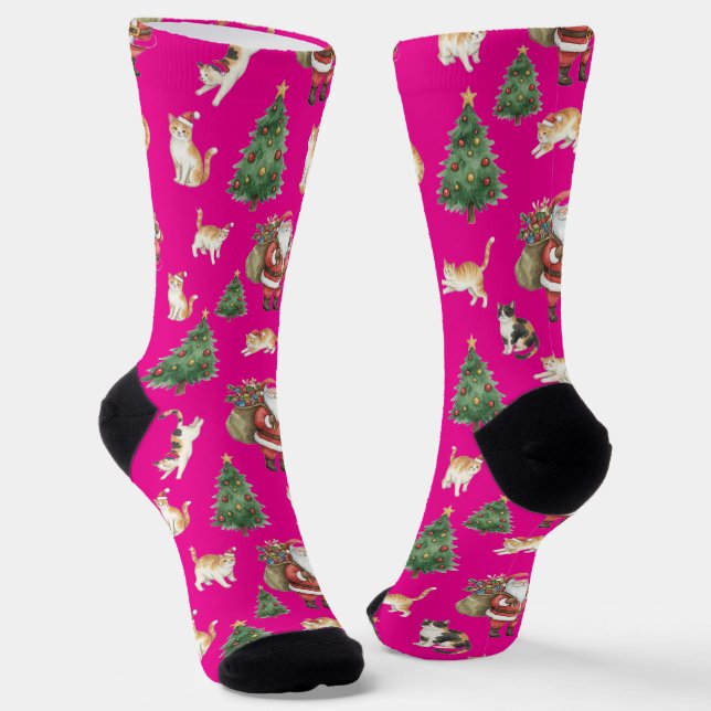 Cute Cats and Christmas Trees Pattern Socks  (Angled)