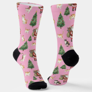 Cute Cats and Christmas Trees Pattern Socks 