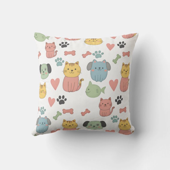 Cute Cats and Dogs Cartoon Pattern Pillow (Back)