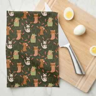 Cute Cats and Dogs Christmas Lights Green Tea Towel