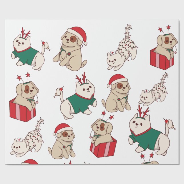 Cute cats and dogs Christmas Wrapping Paper (Flat)