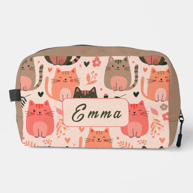 Cute Cats and Floral Pattern Custom Monogram Kids Dopp Kit (Front)