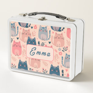 Cute Cats and Floral Pattern Custom Monogram Kids Metal Lunch Box