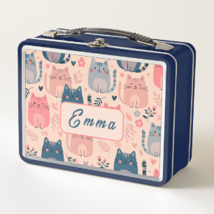 Cute Cats and Floral Pattern Custom Monogram Kids Metal Lunch Box