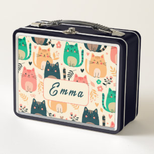 Cute Cats and Floral Pattern Custom Monogram Kids Metal Lunch Box
