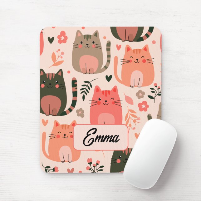 Cute Cats and Floral Pattern Custom Monogram Kids Mouse Pad (With Mouse)