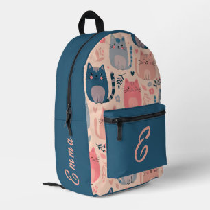 Cute Cats and Floral Pattern Custom Monogram Kids Printed Backpack