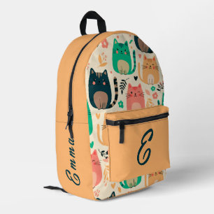 Cute Cats and Floral Pattern Custom Monogram Kids Printed Backpack