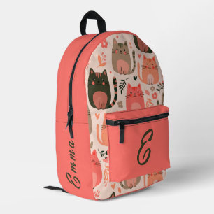 Cute Cats and Floral Pattern Custom Monogram Kids Printed Backpack