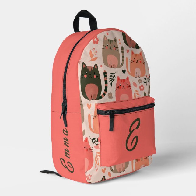 Cute Cats and Floral Pattern Custom Monogram Kids Printed Backpack (Back Corner Left)