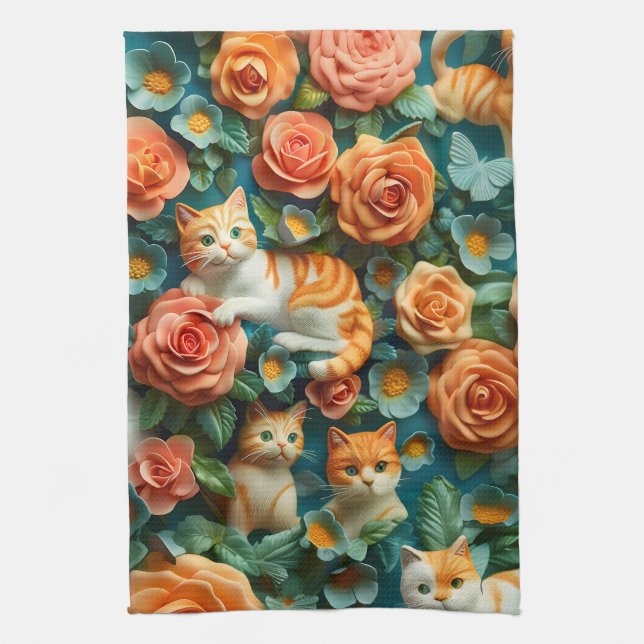 Cute Cats and Flowers Design  Tea Towel (Vertical)