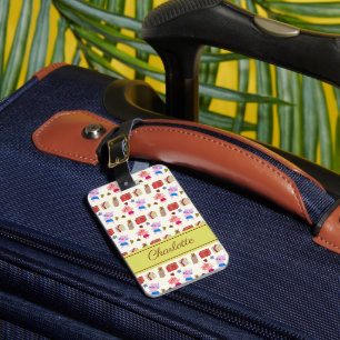 Cute cats and gifts pattern   Yellow Name Luggage Tag