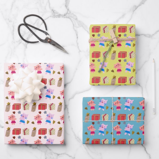Cute Cats and Presents Handmade Pattern Kids Wrapping Paper Sheet (Front)