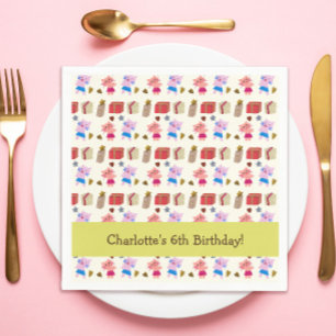 Cute Cats and Presents   Yellow Kids Birthday Napkin