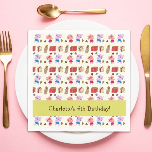 Cute Cats and Presents | Yellow Kids Birthday Napkin (Creator Uploaded)