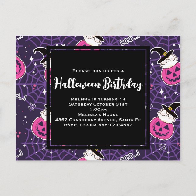 Cute Cats and Pumpkins Halloween Pattern Birthday Postcard (Front)