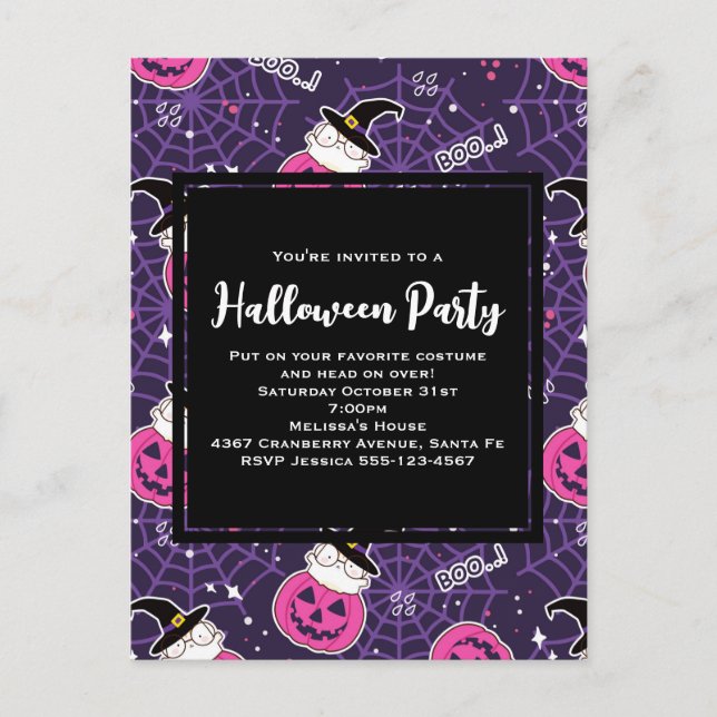 Cute Cats and Pumpkins Halloween Pattern Invite Postcard (Front)