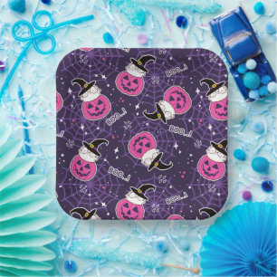 Cute Cats and Pumpkins Halloween Pattern Paper Plate