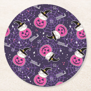 Cute Cats and Pumpkins Halloween Pattern Round Paper Coaster